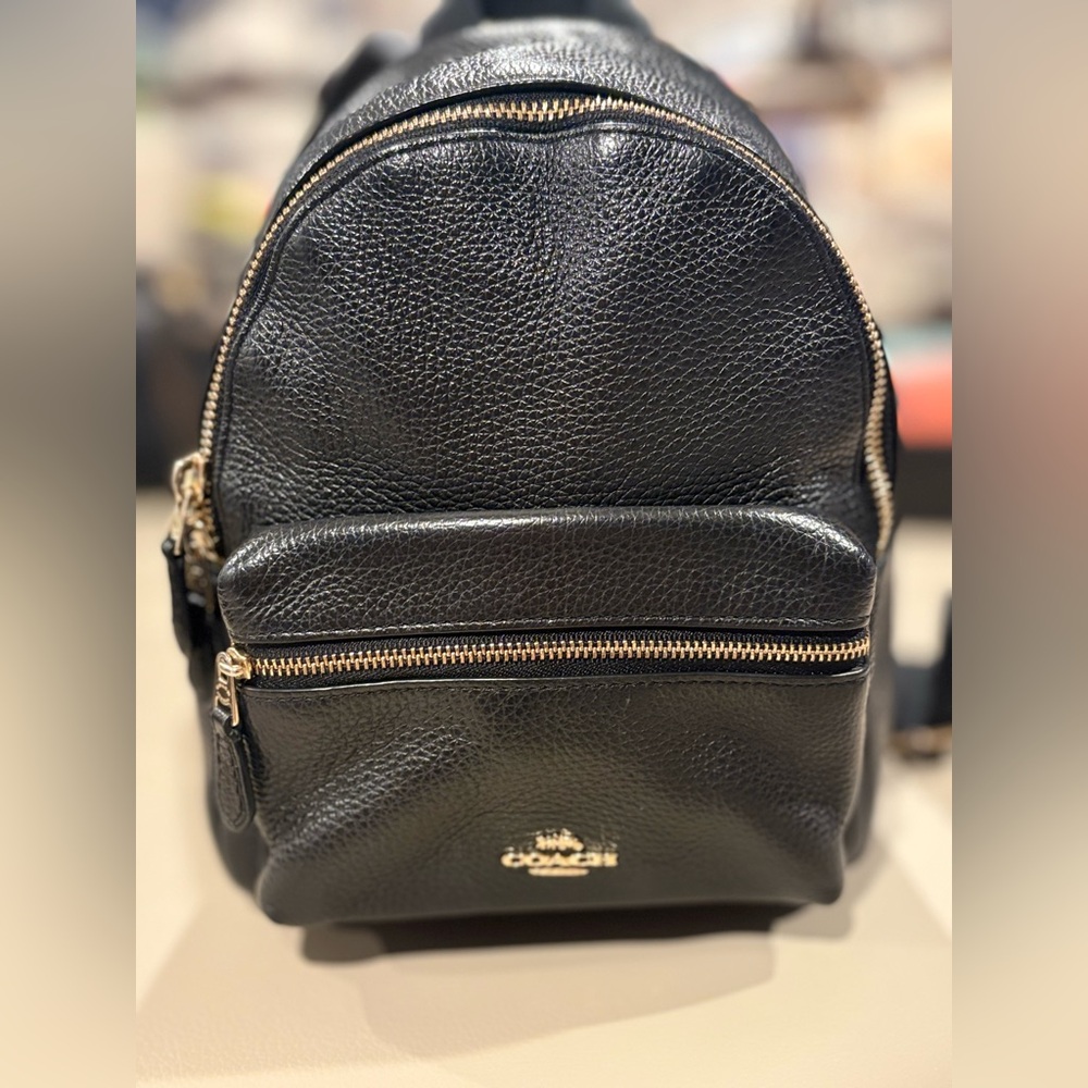 Coach Black Pebbled Leather Backpack with Gold Zippers